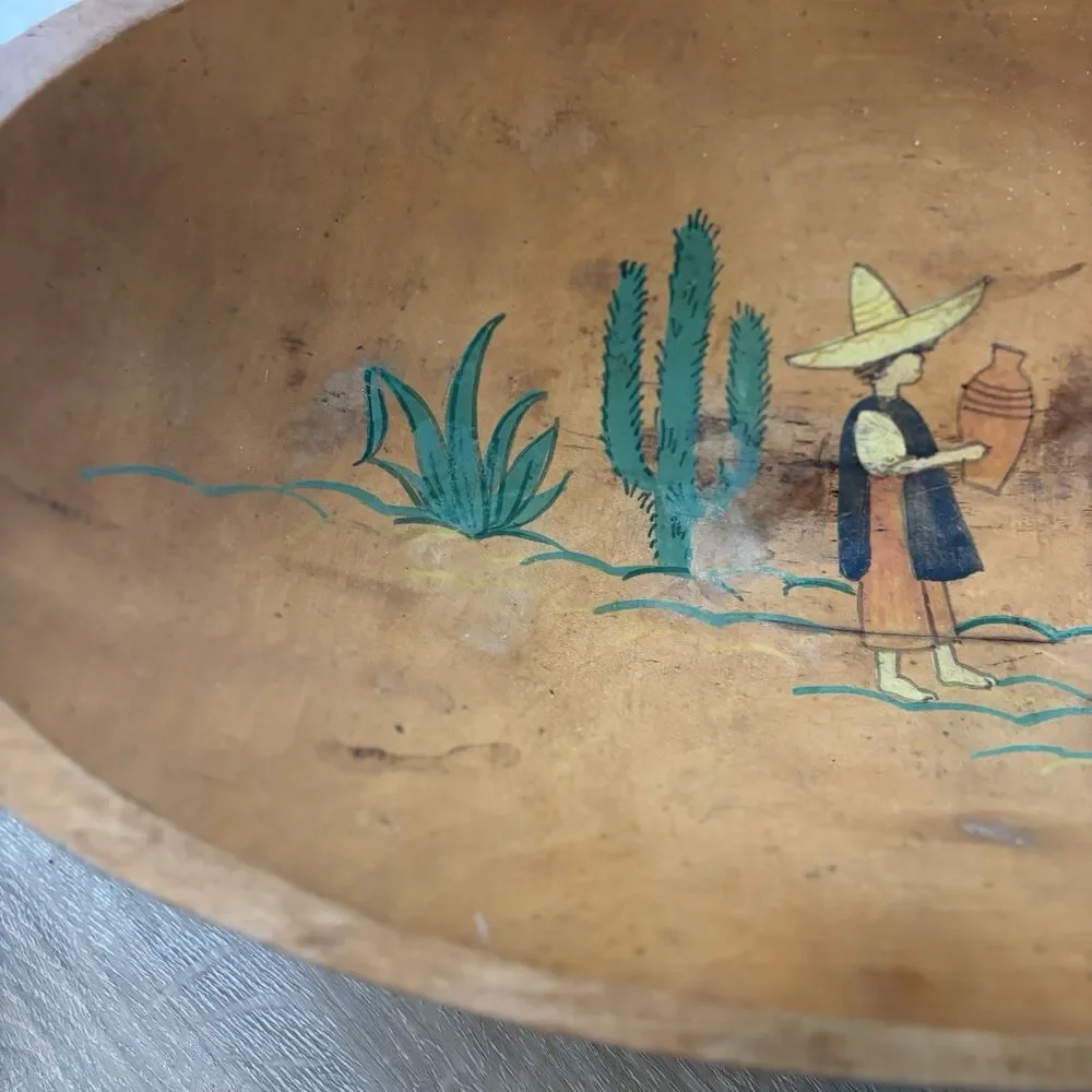 ⁠1930s VTG HandPainted Wood DoughBowl Mexican Southwestern Cactus 17
